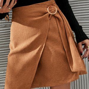 New Solid Ring Buckled Wrap Skirt Brown Size S